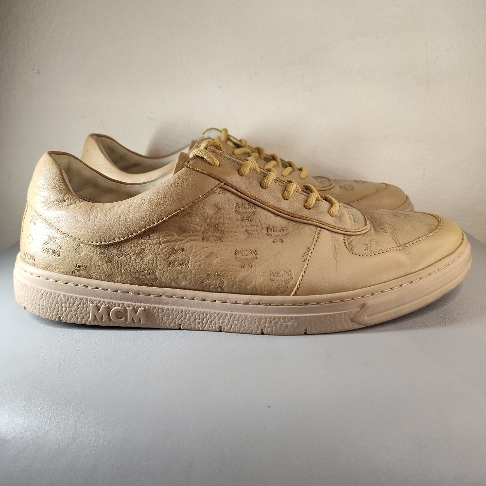 MCM Terrain Visetos Croissant Brown Low Top Logo Leather Sneakers 42
